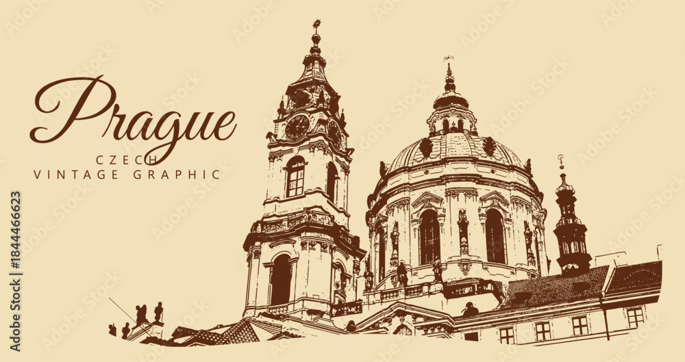 Fototapeta premium City ancient architecture, Prague, Czech Republic. Vintage brown and beige graphics, engraved, vector. Old retro design.