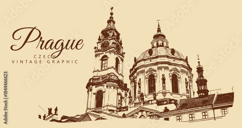 City ancient architecture, Prague, Czech Republic. Vintage brown and beige graphics, engraved, vector. Old retro design.