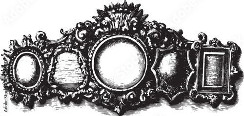 Vintage decorative frame illustration featuring an ornate design. Black and white vector artwork for elegant decor set.