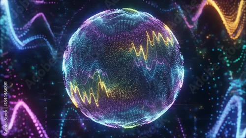 Data visualization analysis sphere globe convey glowing particle network and waveform energy in a colorful neon orb evoking motion and insight