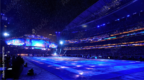 A vibrant stadium bursts with energy under bright lights, showcasing a halftime performance before a massive crowd du a nighttime championship event.
