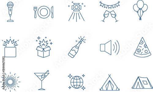 Outline icon set for party, celebration, and event planning, featuring microphone, food, champagne, spotlight, balloons, music, camping, and outdoor recreational activities in line art style.