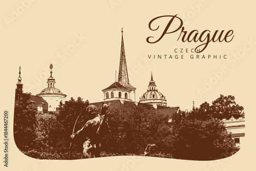 City ancient architecture, Prague, Czech Republic. Vintage brown and beige graphics, engraved, vector. Old retro design.