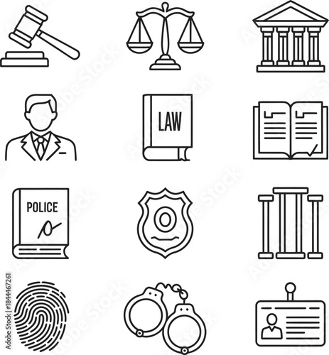 Collection of legal and justice icons in outline style