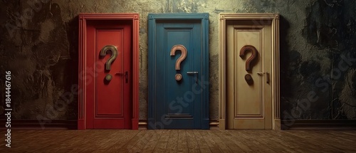 Dark room setting with textured wallpaper and a row of doors, perfect for film noir concepts, psychological thriller visuals, or enigmatic storytelling projects.