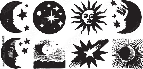 Crescent moons and stars in black and white. Simple night sky vector illustration set featuring celestial symbols.