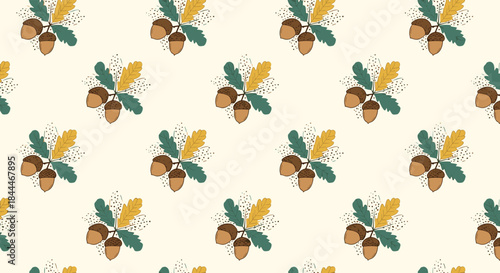 Seamless botanical pattern featuring acorns with teal green and mustard yellow leaves on a warm cream background for nature inspired home decor.