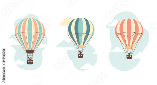 Three pastel colored hot air balloons float across a light blue sky with fluffy clouds creating a peaceful whimsical daytime voyage.