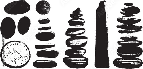 Black stones in various shapes and patterns. This vector illustration features a set of stacked and flat designs, ideal for artistic or decorative use.