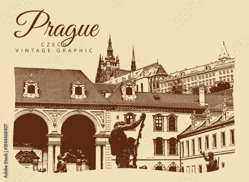 City ancient architecture, Prague, Czech Republic. Vintage brown and beige graphics, engraved, vector. Old retro design.