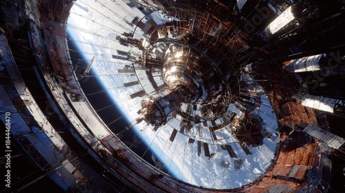 Fototapeta Naklejka Na Ścianę i Meble -  Futuristic space station in orbit above Earth with intricate design and vibrant atmosphere, showcasing technological advancement
