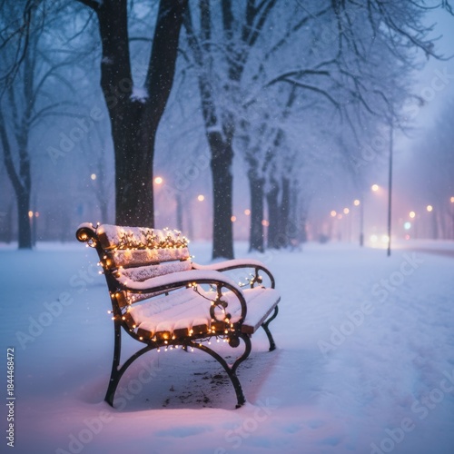 A cozy, heavily cushioned wooden chair by a large window, looking out onto a snowy, dark forest lit by soft ambient light.