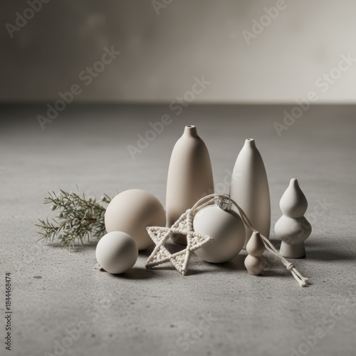 Minimalist scene with abstract silver/white Christmas decorations, possibly small trees or figurines, on a gray backdrop.