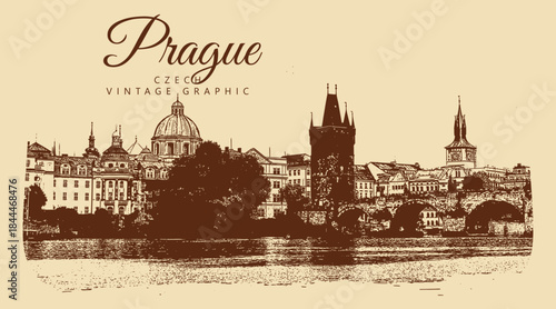 City ancient architecture, Prague, Czech Republic. Vintage brown and beige graphics, engraved, vector. Old retro design.
