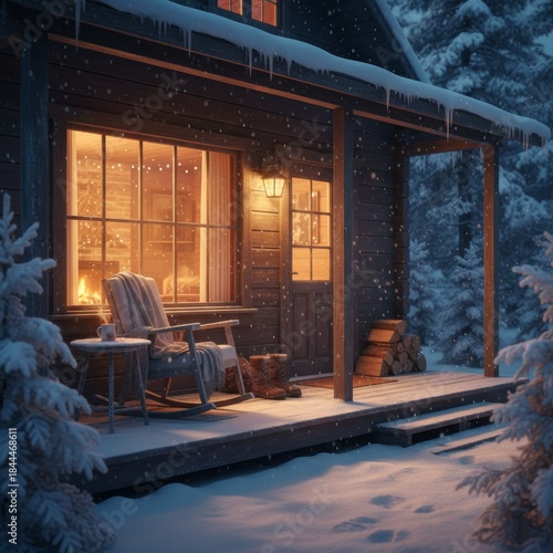 Illuminated wooden cabin in a snowy forest, exterior view.