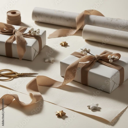 Gifts in craft wrapping, tied with twine, next to parchment scrolls.