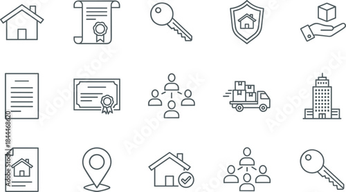 Real estate, property insurance, housing contract, key delivery, and logistics vector line icons set, including house, certificate, location pin, and truck symbols.