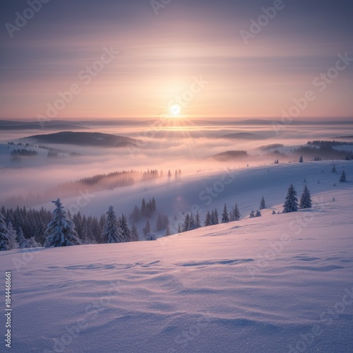 Snow-covered hilly terrain at sunset, illuminated by soft pink and orange light.