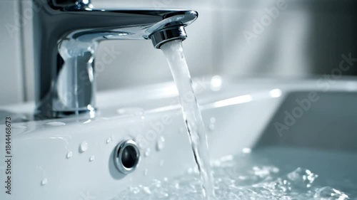 Running faucet in white bathroom sink with flowing water and reflections close up shot