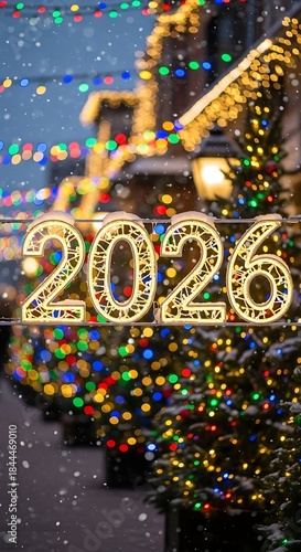 Illuminated 2026 sign with decorated trees festive seasonal display