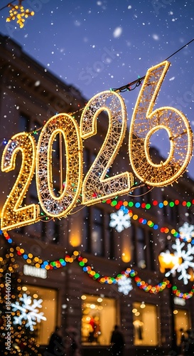 Illuminated 2026 sign with festive decorations against night sky