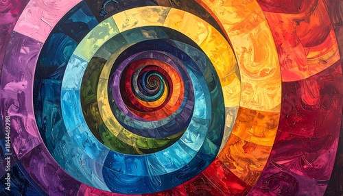 Colorful, vibrant spiral pattern constructed from textured squares, creating a swirling, hypnotic, and artistic impression