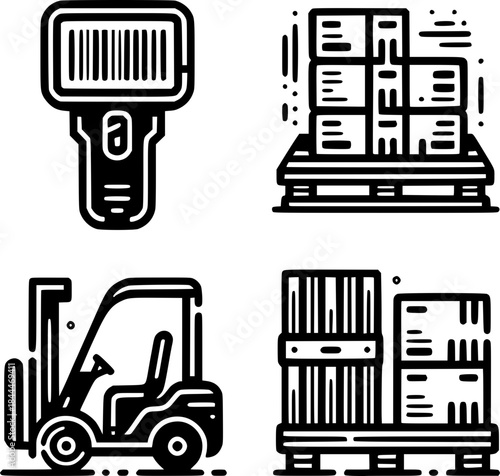 Logistics and Distribution Illustration: A meticulously crafted illustration set depicting essential elements of logistics, including a barcode scanner, pallet of boxes, forklift, and another pallet.
