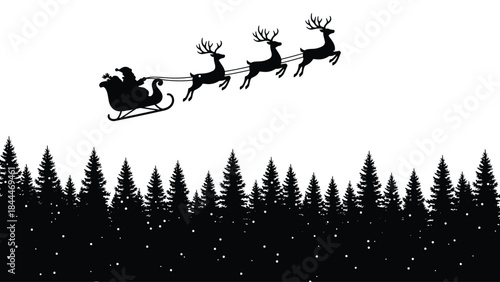 Santa Claus flying sleigh silhouette with three reindeer over a snowy winter pine forest, Christmas holiday greeting card vector illustration, festive background.