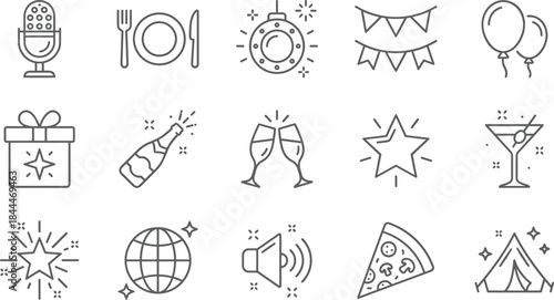 Set of 15 celebration and party line icons; microphone, balloons, champagne, cocktail, pizza, birthday event vector graphic.