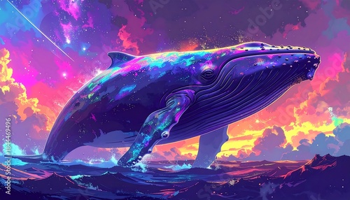 Colorful whale leaps from ocean, bathed in vibrant celestial hues, under a swirling sky and meteor shower