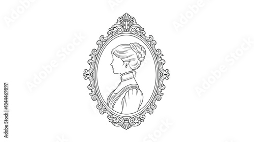 An elegant portrait of a woman in profile encased within an ornate decorative frame design