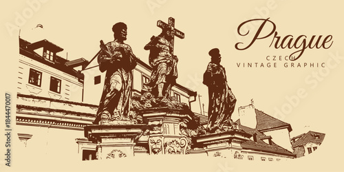 City ancient architecture, Prague, Czech Republic. Vintage brown and beige graphics, engraved, vector. Old retro design.