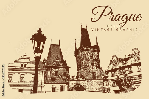 City ancient architecture, Prague, Czech Republic. Vintage brown and beige graphics, engraved, vector. Old retro design.