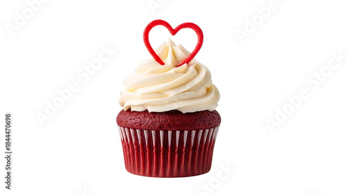 Festive Red Velvet Cupcake with Cream Cheese Frosting and a Decorative Red Heart Topper transparent background png file
