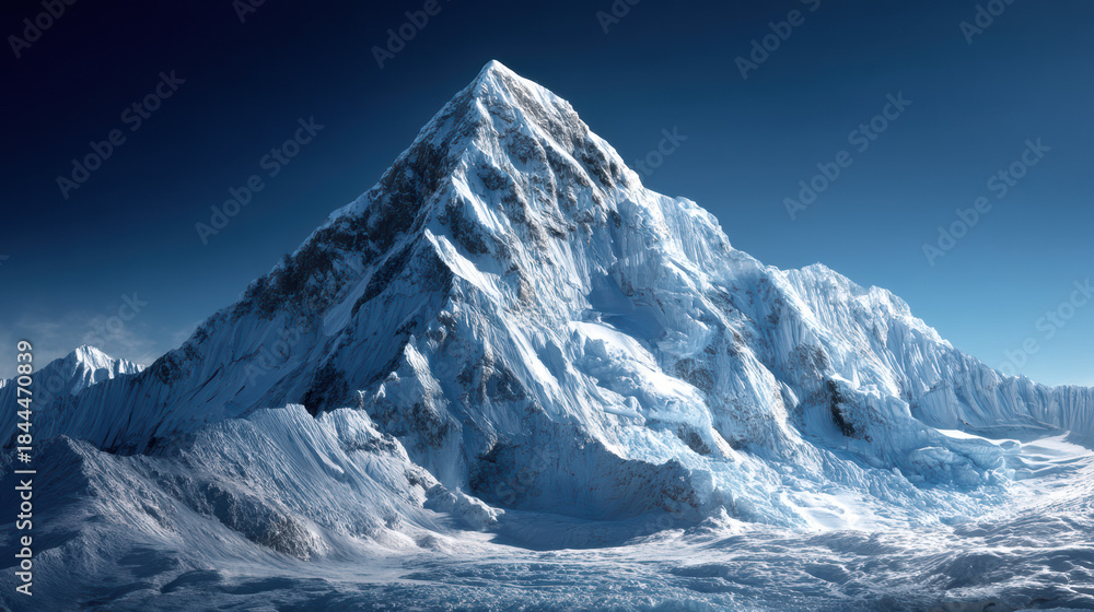 Obraz premium Majestic snow covered mountain peak rises dramatically against a clear blue sky, its jagged ridges and icy slopes glistening in the bright sunlight, a wintry vista.