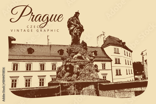 City ancient architecture, Prague, Czech Republic. Vintage brown and beige graphics, engraved, vector. Old retro design.
