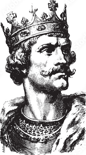 King portrait illustration in a vintage style. Detailed historical representation showcasing regal attributes in vector format.
