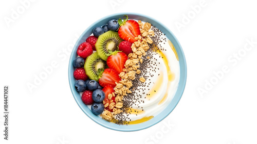 Healthy Yogurt Bowl with Fresh Berries, Kiwi, Granola, Chia Seeds and Honey Drizzle transparent background png file