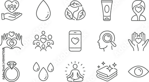 Set of 15 linear real estate and home amenities icons, including dining, swimming pool, school, multi-story buildings, safe, floor plan, and business meeting symbols, isolated on white.