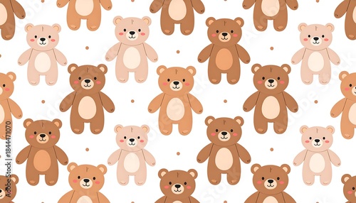 Cute pattern with cartoon teddy bears in shades of brown and beige against a white background with small dots