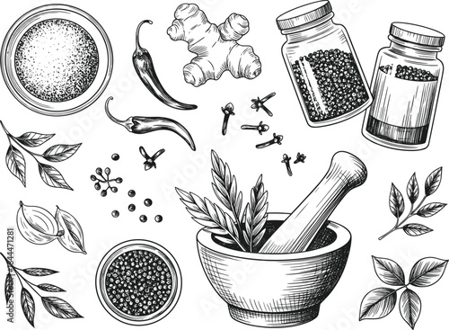 Detailed Vintage Engraved Set of Hand-Drawn Spices and Herbs with Mortar, Pestle, Ginger, Chili Peppers, and Cloves Perfect for Culinary and Natural Medicine Design.
