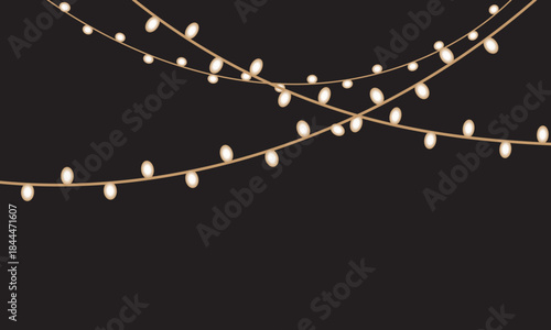 Christmas bulbs twinkle Glowing String Lights Decorative Garland Overlay. Elegant golden string lights with soft glow arranged in flowing lines , for festive designs and overlays.

