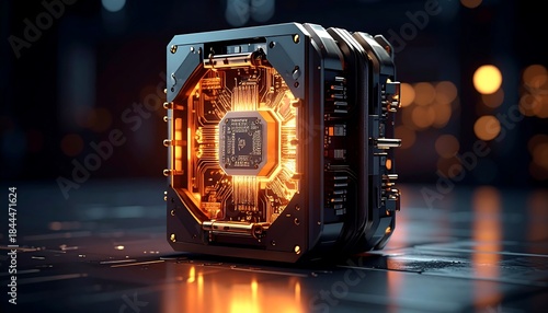 Complex mechanical cube with an illuminated core displays intricate details in a darkly lit, futuristic scene