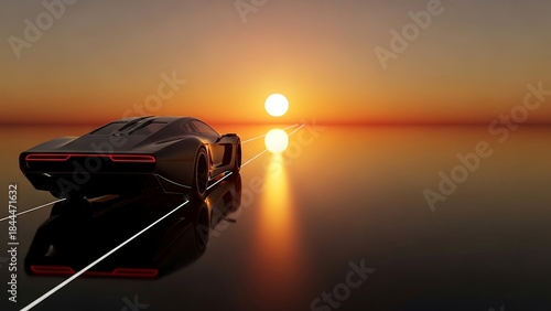 Futuristic car driving into the sunset on a reflective road.