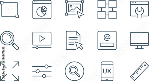 Set of 16 linear data, finance, and technology icons, including blockchain, server rack, money exchange, credit card, cloud computing, and artificial intelligence symbols, isolated on white.