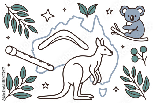 Cute line art illustration of Australian symbols including a kangaroo, koala, boomerang, didgeridoo, and eucalyptus leaves with a map outline.