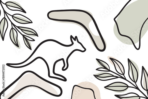 Minimalist line art illustration featuring a kangaroo, boomerangs, and eucalyptus leaves with abstract shapes, representing Australian wildlife and culture.