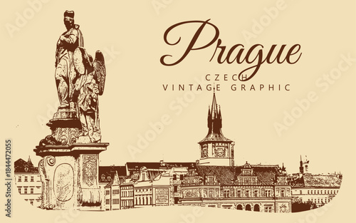 City ancient architecture, Prague, Czech Republic. Vintage brown and beige graphics, engraved, vector. Old retro design.