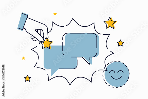 Hand placing a star on speech bubbles, symbolizing customer feedback, online reviews, and satisfaction.