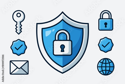 A set of blue and white security icons including a shield with a padlock, key, lock, checkmarks, envelope, and globe.